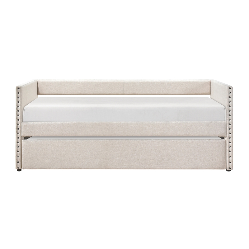 Pemberly Row Textured Fabric Daybed with Pull-Out Trundle in Beige