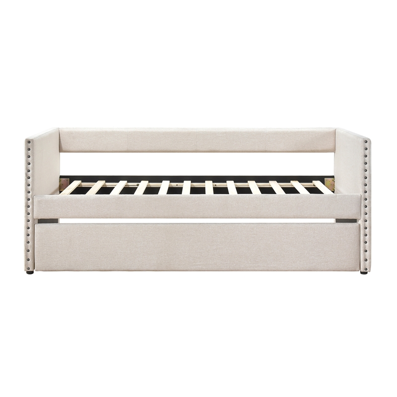 Pemberly Row Textured Fabric Daybed with Pull-Out Trundle in Beige