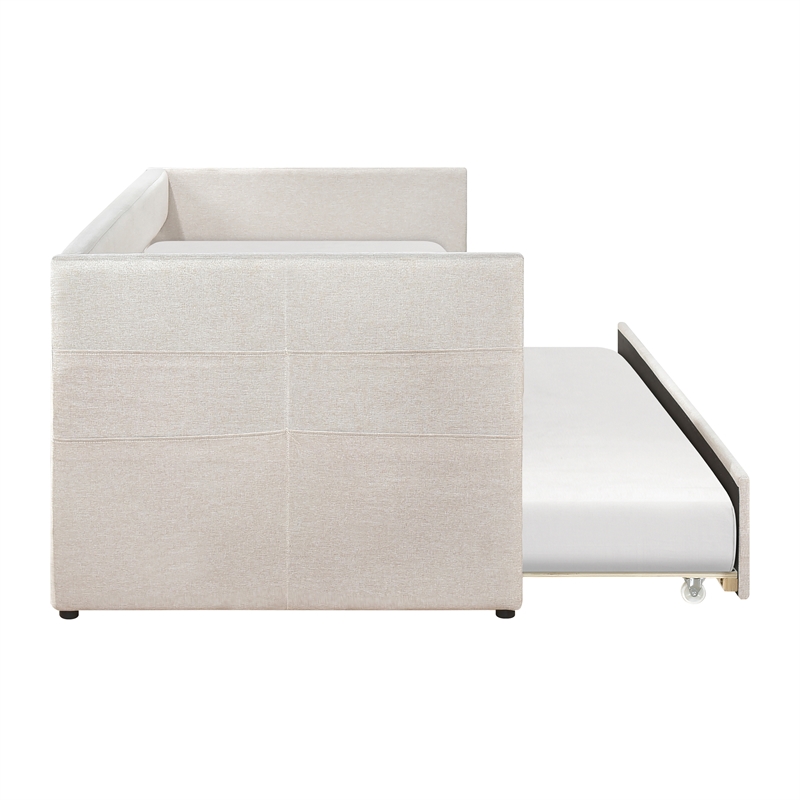 Pemberly Row Textured Fabric Daybed with Pull-Out Trundle in Beige
