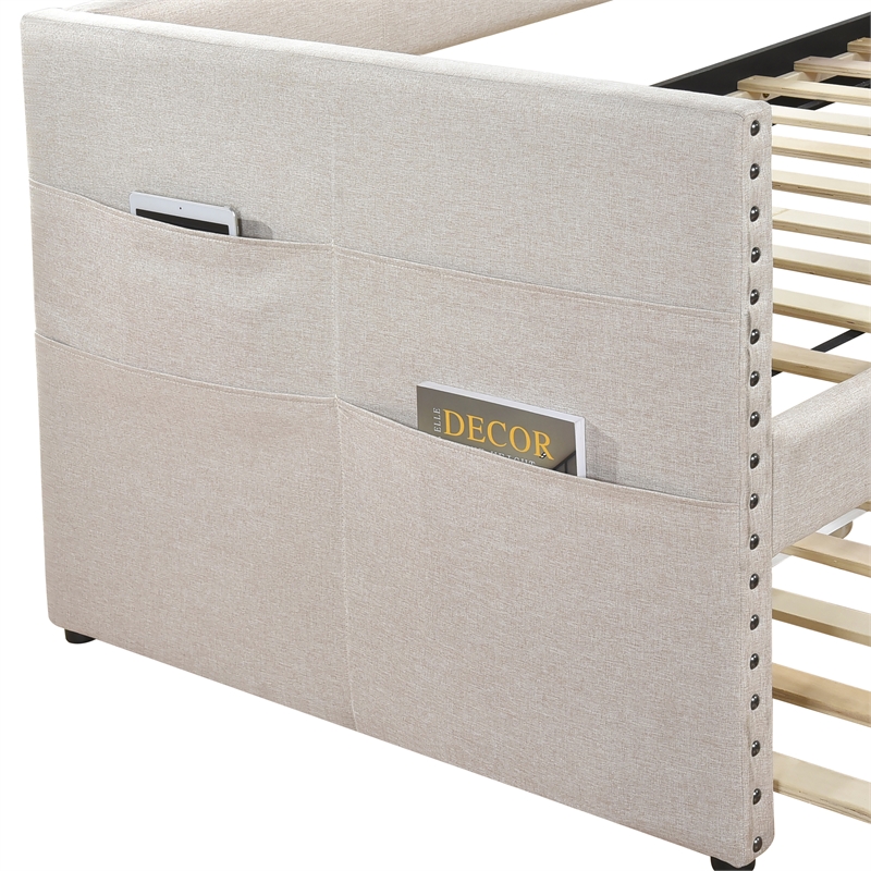 Pemberly Row Textured Fabric Daybed with Pull-Out Trundle in Beige