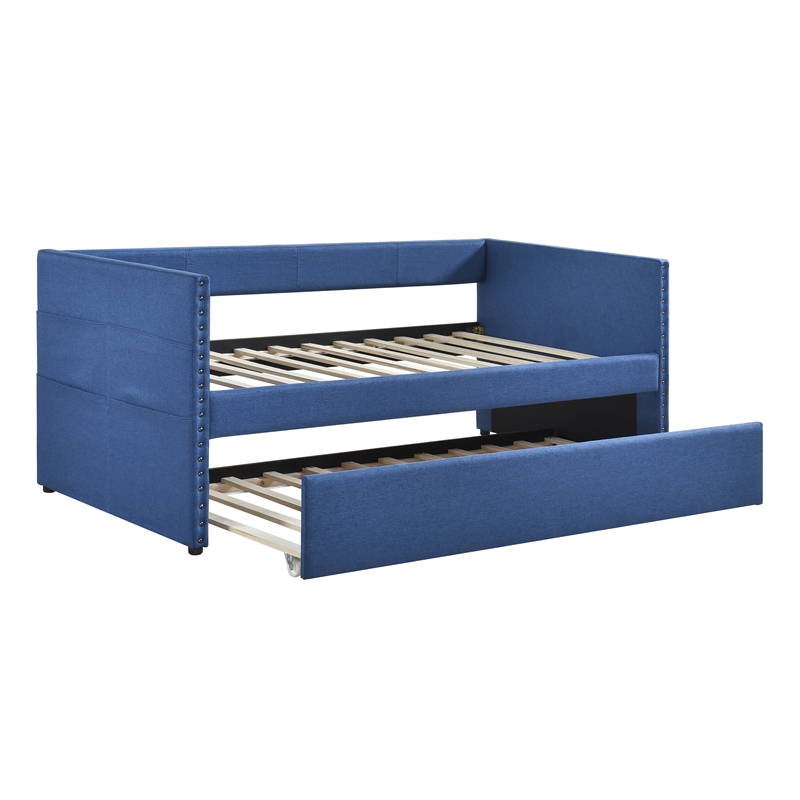 Pemberly Row Textured Fabric Daybed with Pull-Out Trundle in Blue