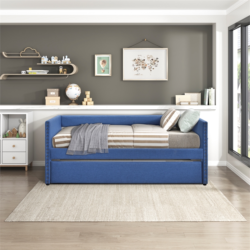 Pemberly Row Textured Fabric Daybed with Pull-Out Trundle in Blue