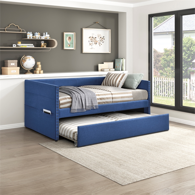 Pemberly Row Textured Fabric Daybed with Pull-Out Trundle in Blue