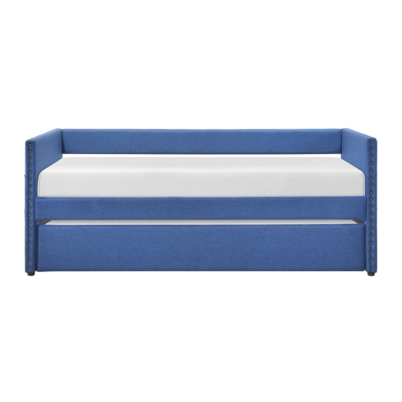Pemberly Row Textured Fabric Daybed with Pull-Out Trundle in Blue