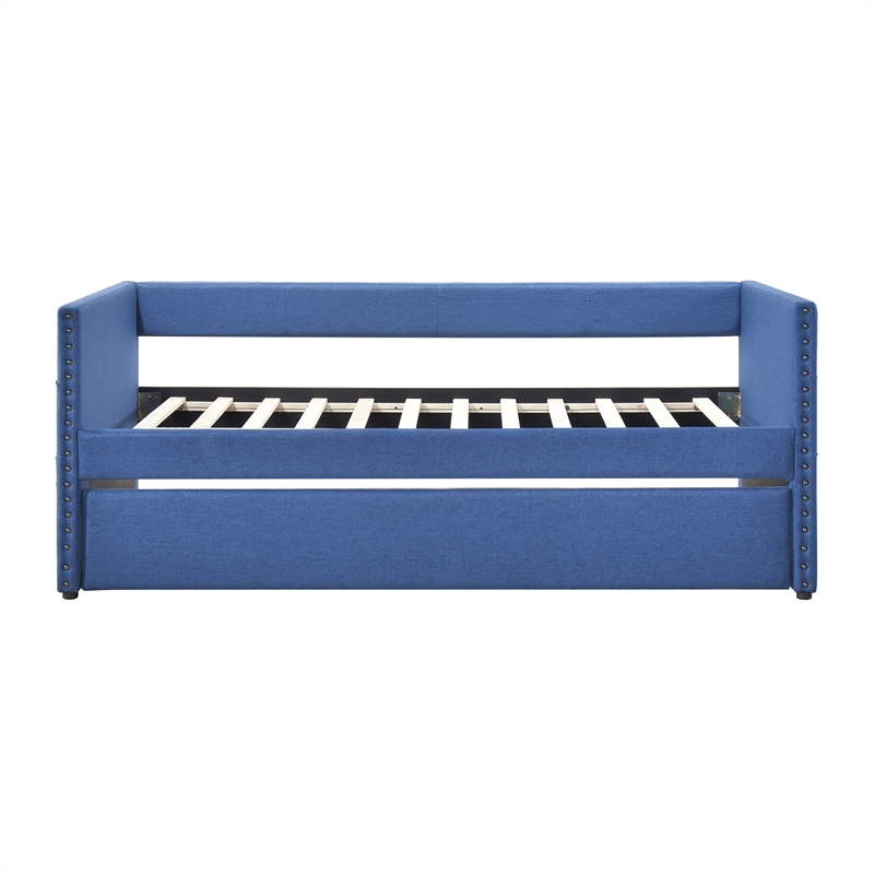 Pemberly Row Textured Fabric Daybed with Pull-Out Trundle in Blue