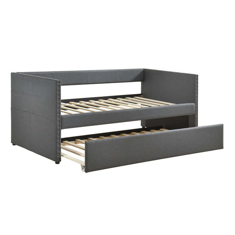 Pemberly Row Textured Fabric Daybed with Pull-Out Trundle in Dark Gray