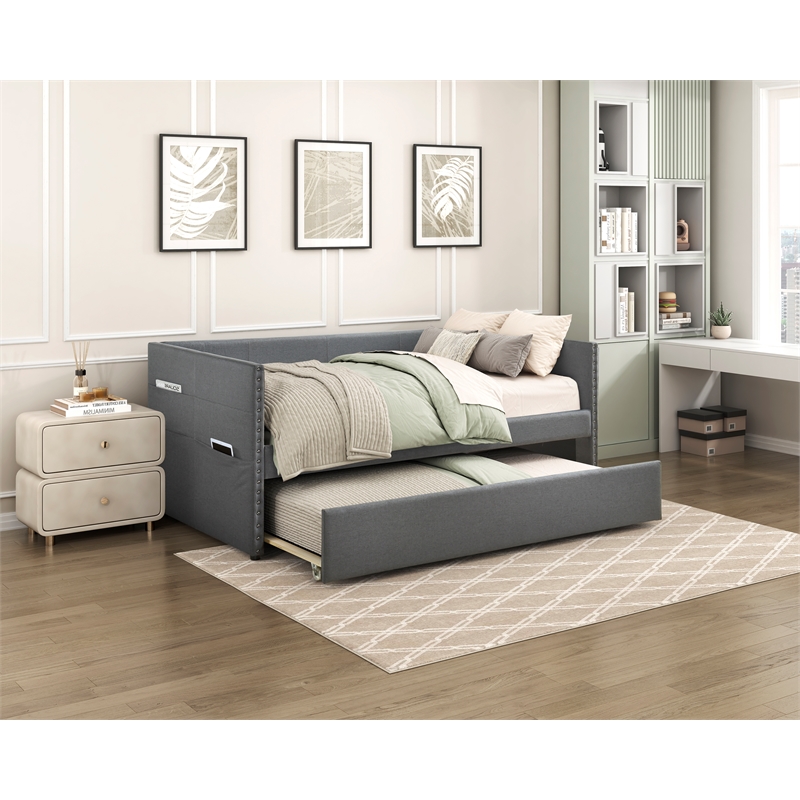 Pemberly Row Textured Fabric Daybed with Pull-Out Trundle in Dark Gray