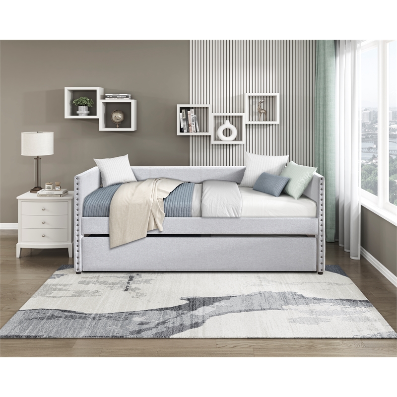 Pemberly Row Textured Fabric Daybed with Pull-Out Trundle in Light Gray