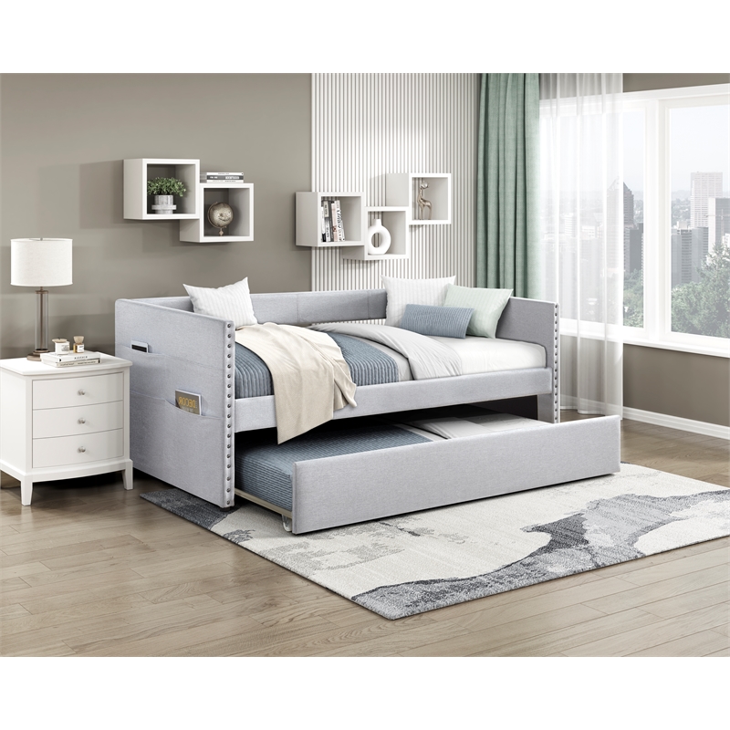 Pemberly Row Textured Fabric Daybed with Pull-Out Trundle in Light Gray