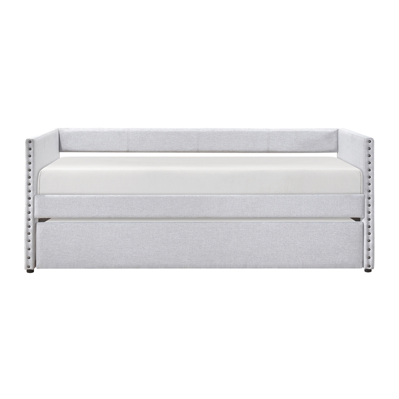 Pemberly Row Textured Fabric Daybed with Pull-Out Trundle in Light Gray