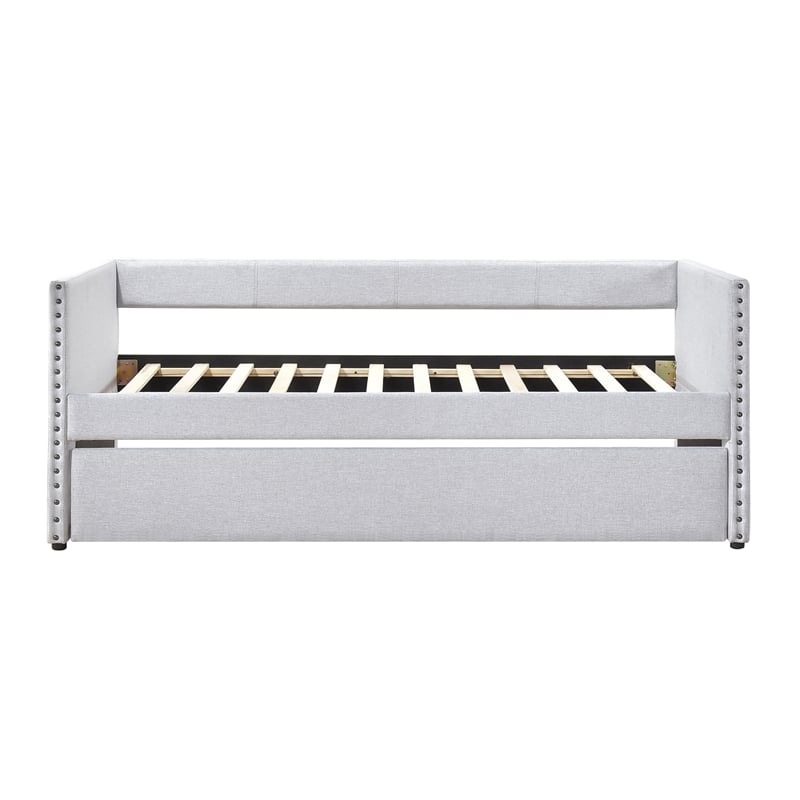 Pemberly Row Textured Fabric Daybed with Pull-Out Trundle in Light Gray