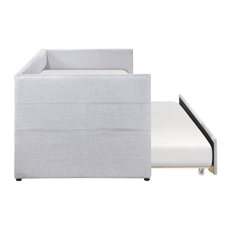 Pemberly Row Textured Fabric Daybed with Pull-Out Trundle in Light Gray