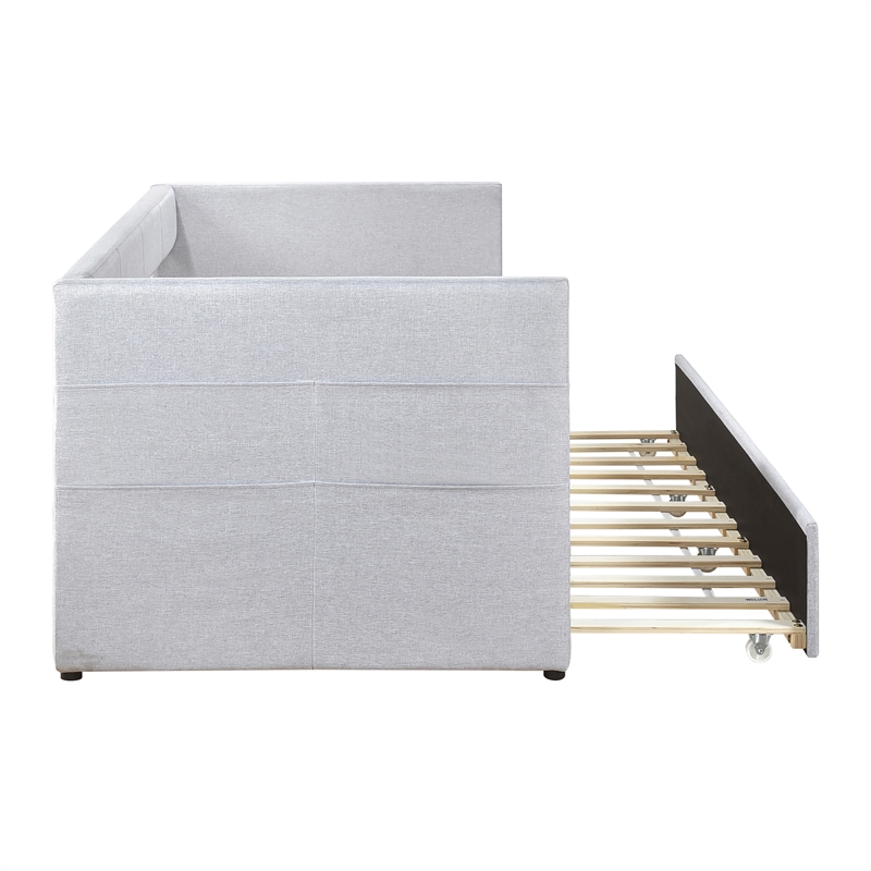 Pemberly Row Textured Fabric Daybed with Pull-Out Trundle in Light Gray