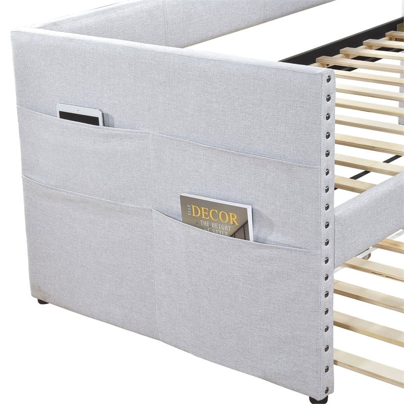 Pemberly Row Textured Fabric Daybed with Pull-Out Trundle in Light Gray