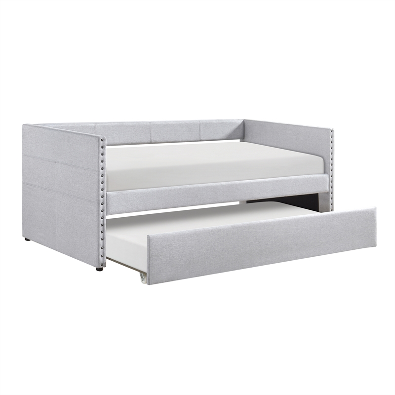 Pemberly Row Textured Fabric Daybed with Pull-Out Trundle in Light Gray