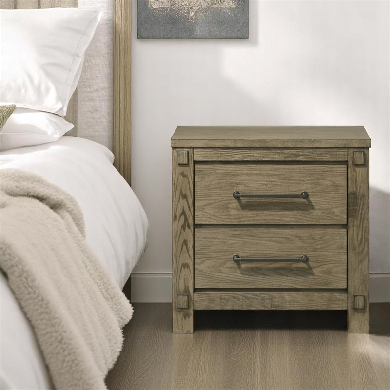 Pemberly Row Antique White Oak Queen Bed and 2 Nightstands Set