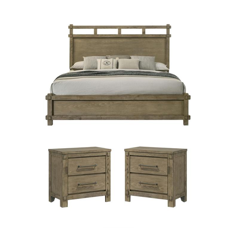 Pemberly Row Antique White Oak Queen Bed and 2 Nightstands Set