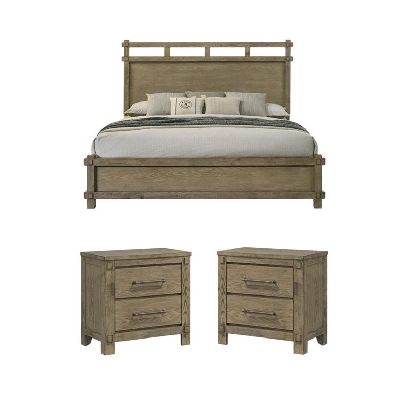 Pemberly Row 3-Piece Bedroom Set in Antique White Oak - King Bed & 2 Nightstands