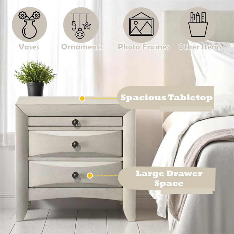 Pemberly Row Queen Bed & 2 Nightstands Set in Antique White