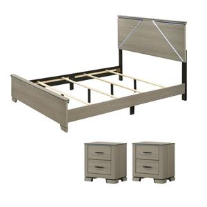 Pemberly Row Weathered Gray Bedroom Set - Queen Bed and 2 Nightstands, Modern Wooden Design