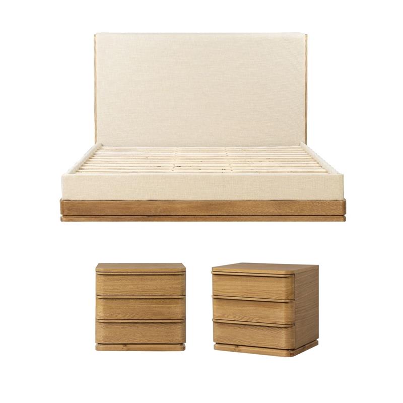 Pemberly Row Bedroom Set with Queen Bed and 2 Nightstands in Beige Fabric and Oak Finish