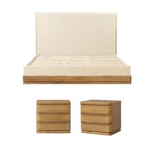 Pemberly Row Bedroom Set with Queen Bed and 2 Nightstands in Beige Fabric and Oak Finish