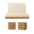Pemberly Row Bedroom Set with Queen Bed and 2 Nightstands in Beige Fabric and Oak Finish