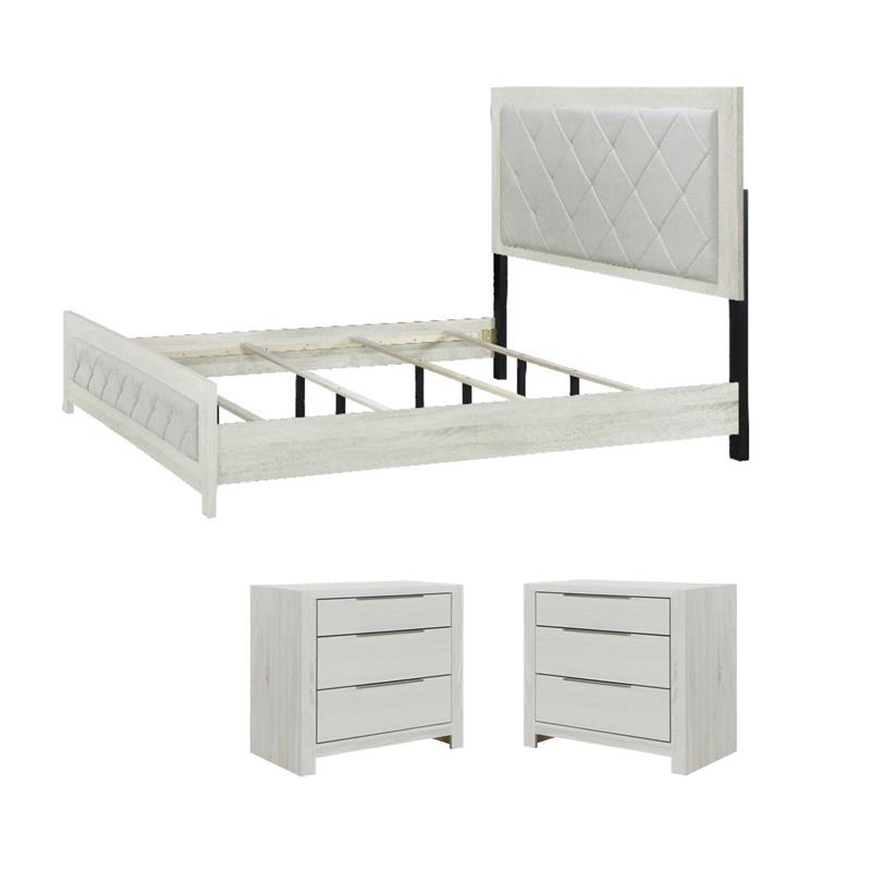 Pemberly Row Bedroom Set with Queen Bed and 2 Nightstands in Beige