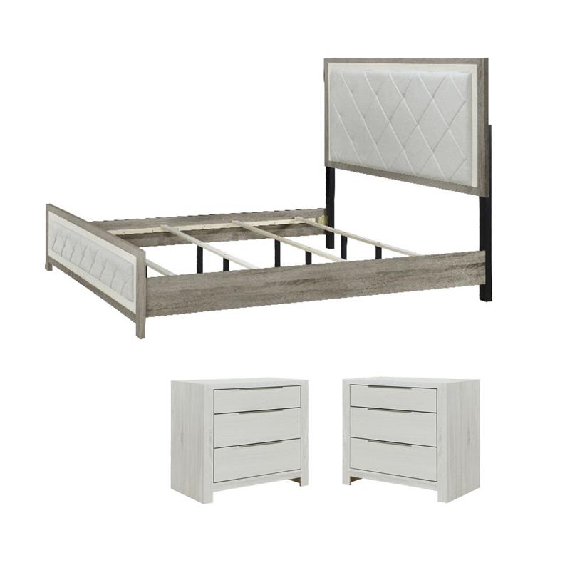 Pemberly Row Bedroom Set of King Bed and 2 Nightstands in Beige