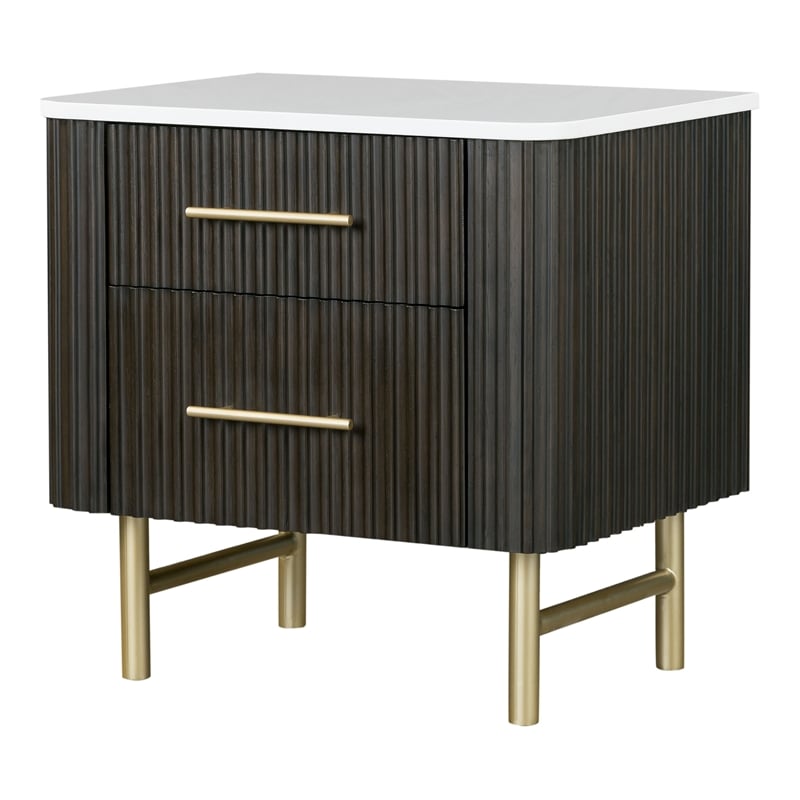 Pemberly Row Eastern King Bed and 2 Nightstands Set in White & Espresso with Marble Tops