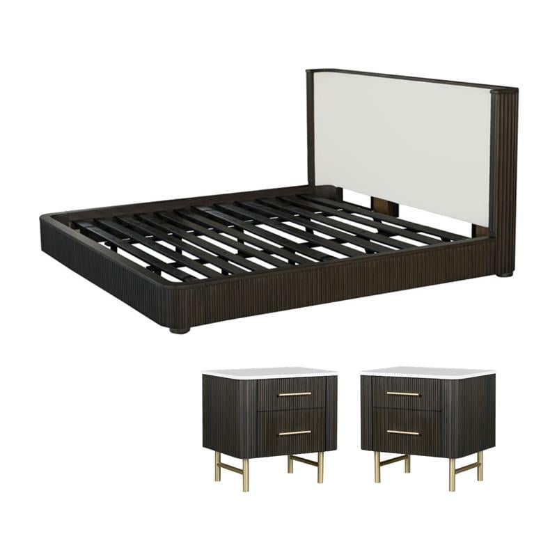 Pemberly Row Eastern King Bed and 2 Nightstands Set in White & Espresso with Marble Tops