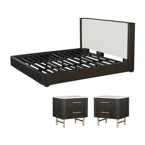 Pemberly Row Eastern King Bed and 2 Nightstands Set in White & Espresso with Marble Tops