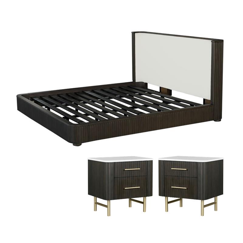 Pemberly Row Queen Bed and 2 Nightstands Set in White & Espresso