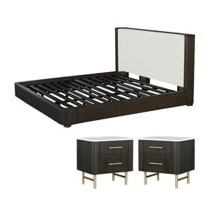 Pemberly Row Queen Bed and 2 Nightstands Set in White & Espresso