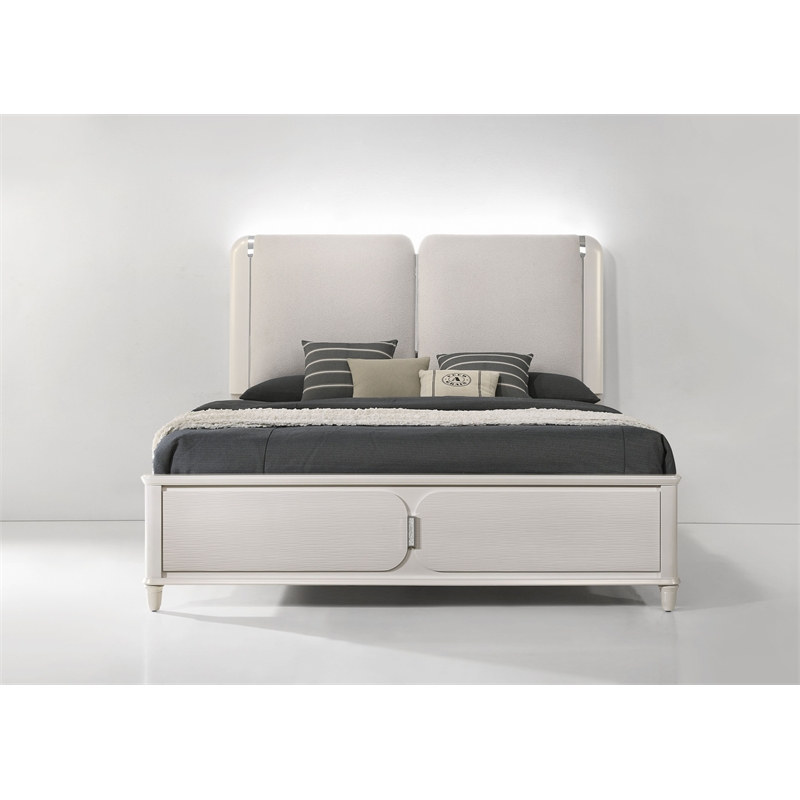 Pemberly Row Bedroom Set of Queen Bed, Mirror, 6-Drawer Dresser, & 2 Nightstands in Pearl White