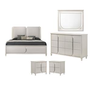 Pemberly Row Bedroom Set of Queen Bed, Mirror, 6-Drawer Dresser, & 2 Nightstands in Pearl White