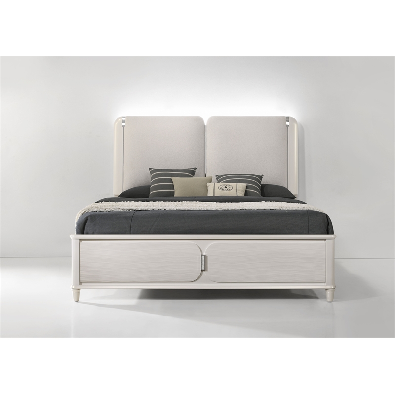 Pemberly Row Bedroom Set with King Bed, 2 Nightstands, Dresser, and Mirror in Pearl White Finish