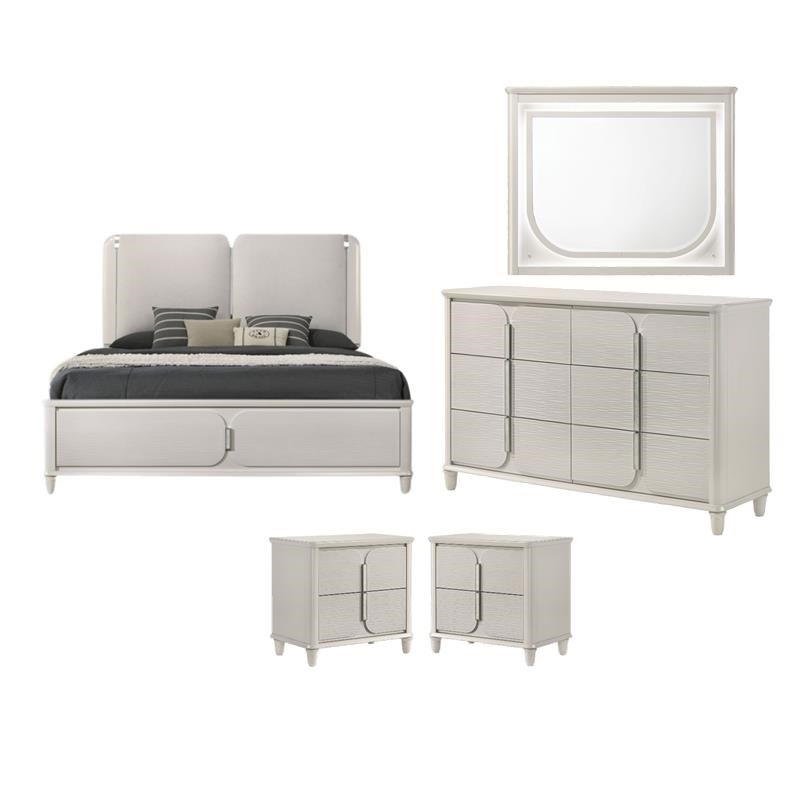 Pemberly Row Bedroom Set with King Bed, 2 Nightstands, Dresser, and Mirror in Pearl White Finish
