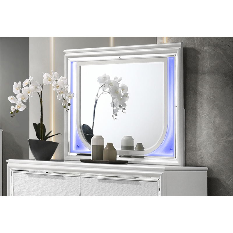 Pemberly Row 5-Piece Bedroom Set of Eastern King Bed with Storage, LED Mirror, 2 Nightstands, and Dr