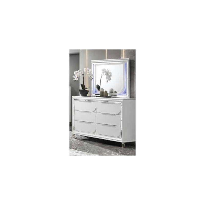Pemberly Row 5-Piece Bedroom Set of Eastern King Bed with Storage, LED Mirror, 2 Nightstands, and Dr