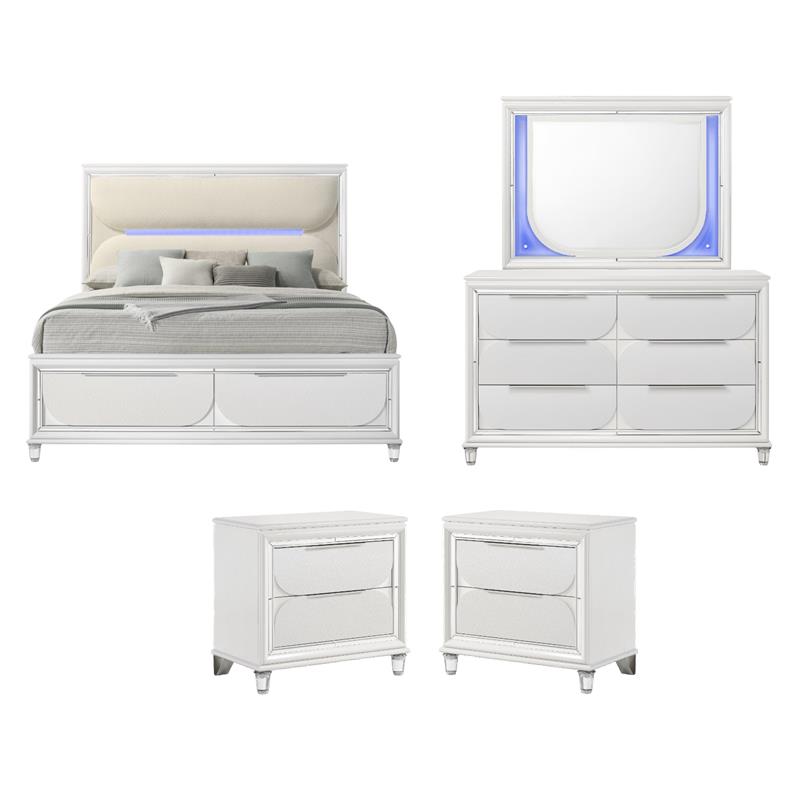 Pemberly Row 5-Piece Bedroom Set of Eastern King Bed with Storage, LED Mirror, 2 Nightstands, and Dr