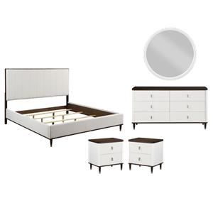 Pemberly Row Bedroom Set of 2 Nightstands, Mirror, Dresser, and King Bed in White/Brown