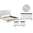 Pemberly Row Bedroom Set of 2 Nightstands, Mirror, Dresser, and King Bed in White/Brown