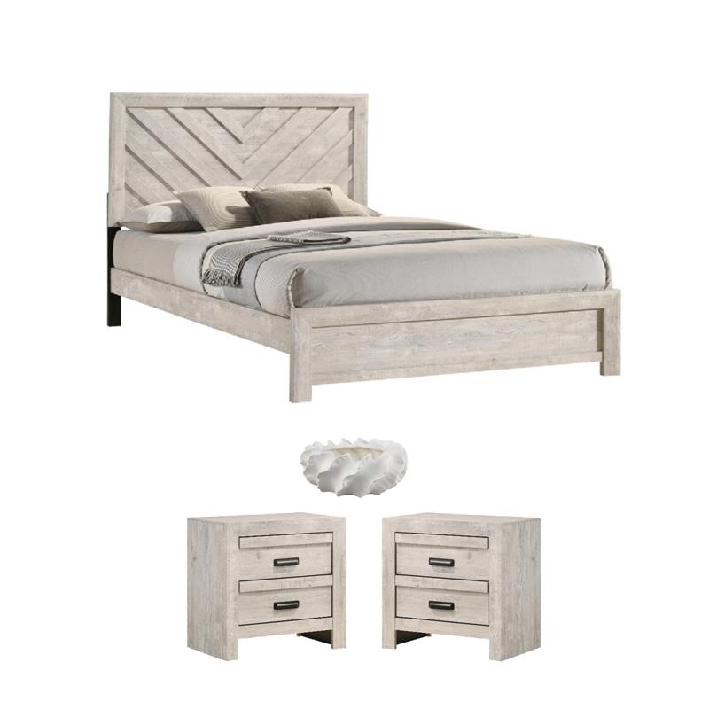 Pemberly Row Bedroom Set with Full Size Bed, Nightstands, and Decorative Planter