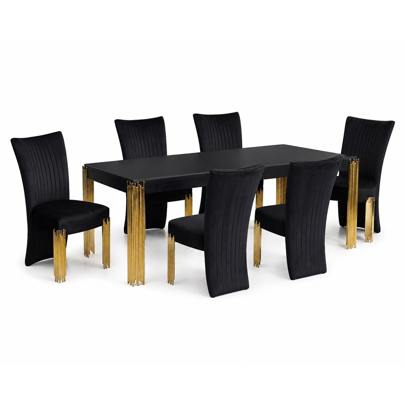 Pemberly Row 7-Piece Dining Set - Dining Table and Six Chairs in Midnight Black Velvet and Gold Meta