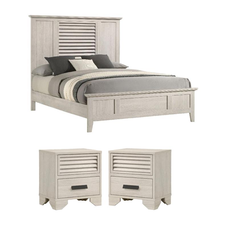 Pemberly Row King Bed and 2 Nightstands Set in Off White