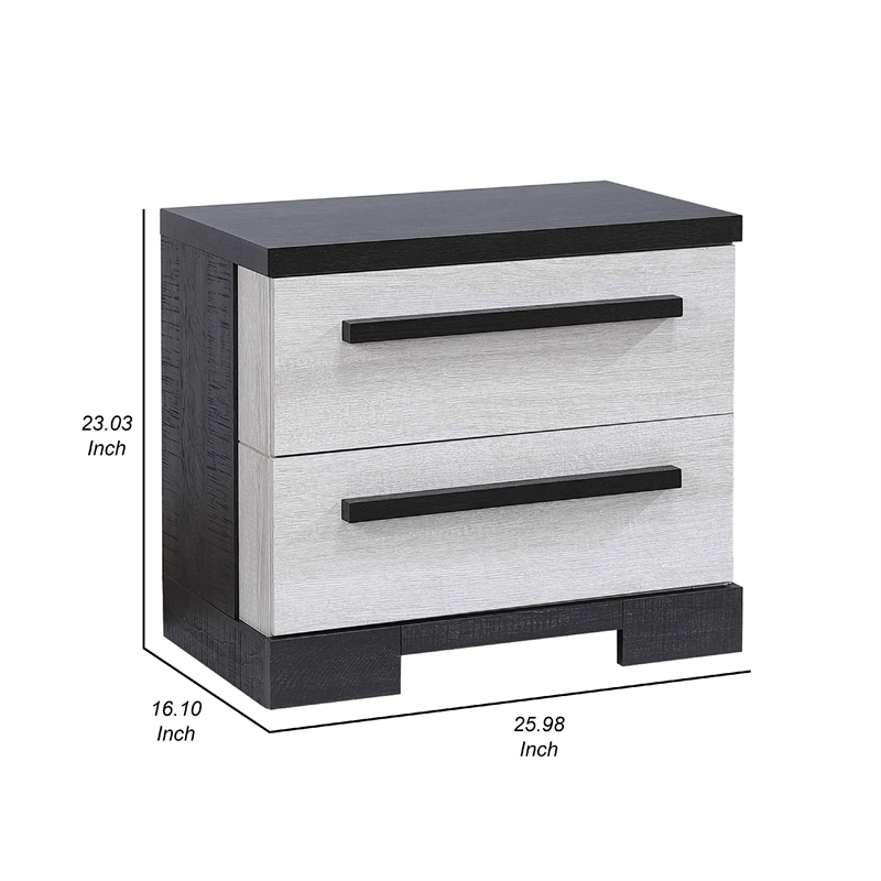 Pemberly Row King Bed and 2 Nightstands Set in White Grained Wood and Ebony Black