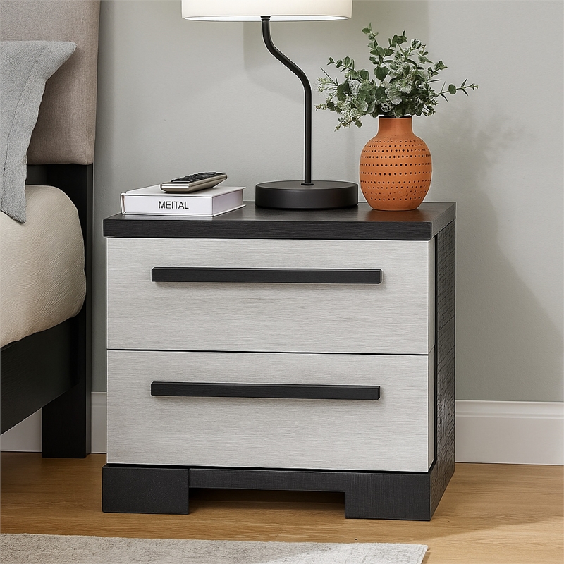 Pemberly Row King Bed and 2 Nightstands Set in White Grained Wood and Ebony Black