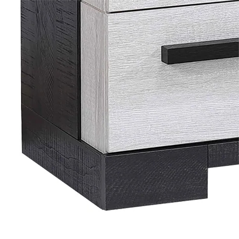 Pemberly Row King Bed and 2 Nightstands Set in White Grained Wood and Ebony Black