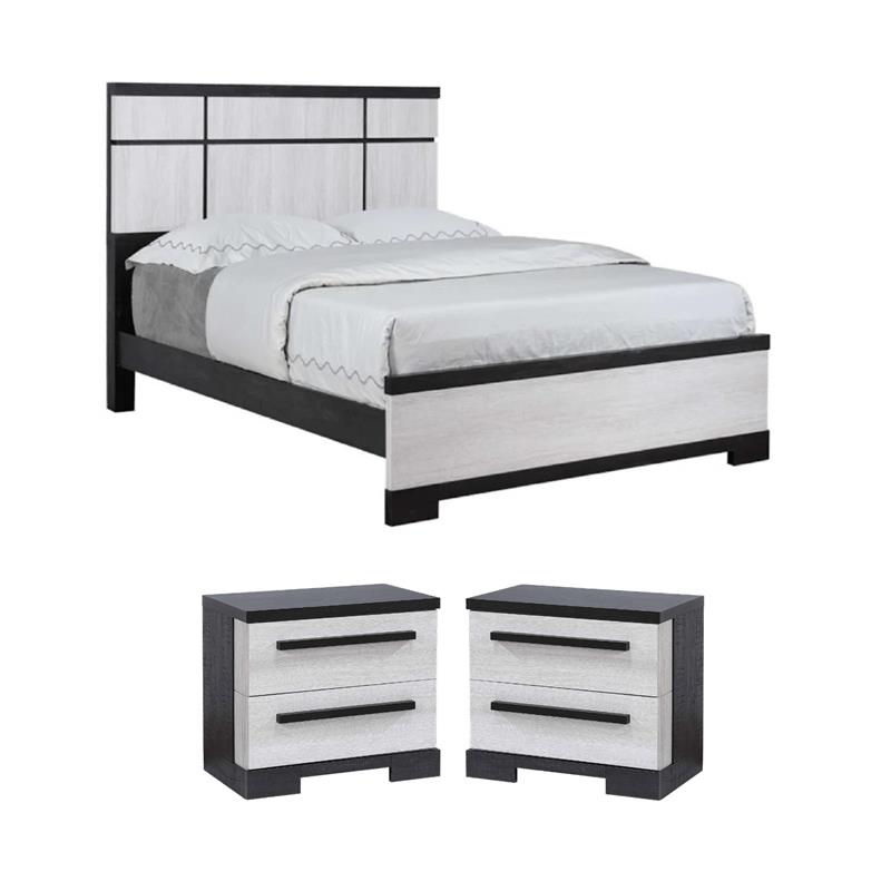 Pemberly Row King Bed and 2 Nightstands Set in White Grained Wood and Ebony Black